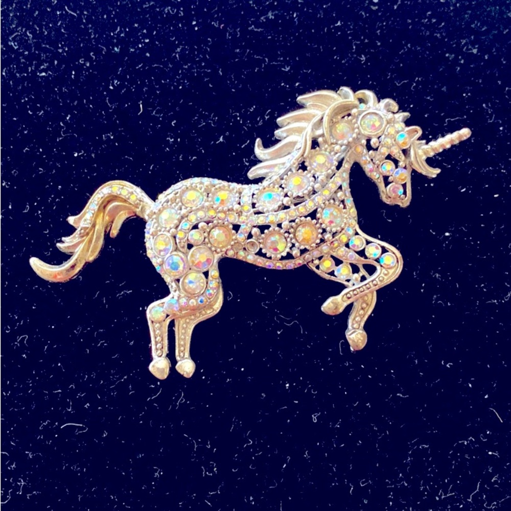 Vintage large iridescent crystal Unicorn brooch